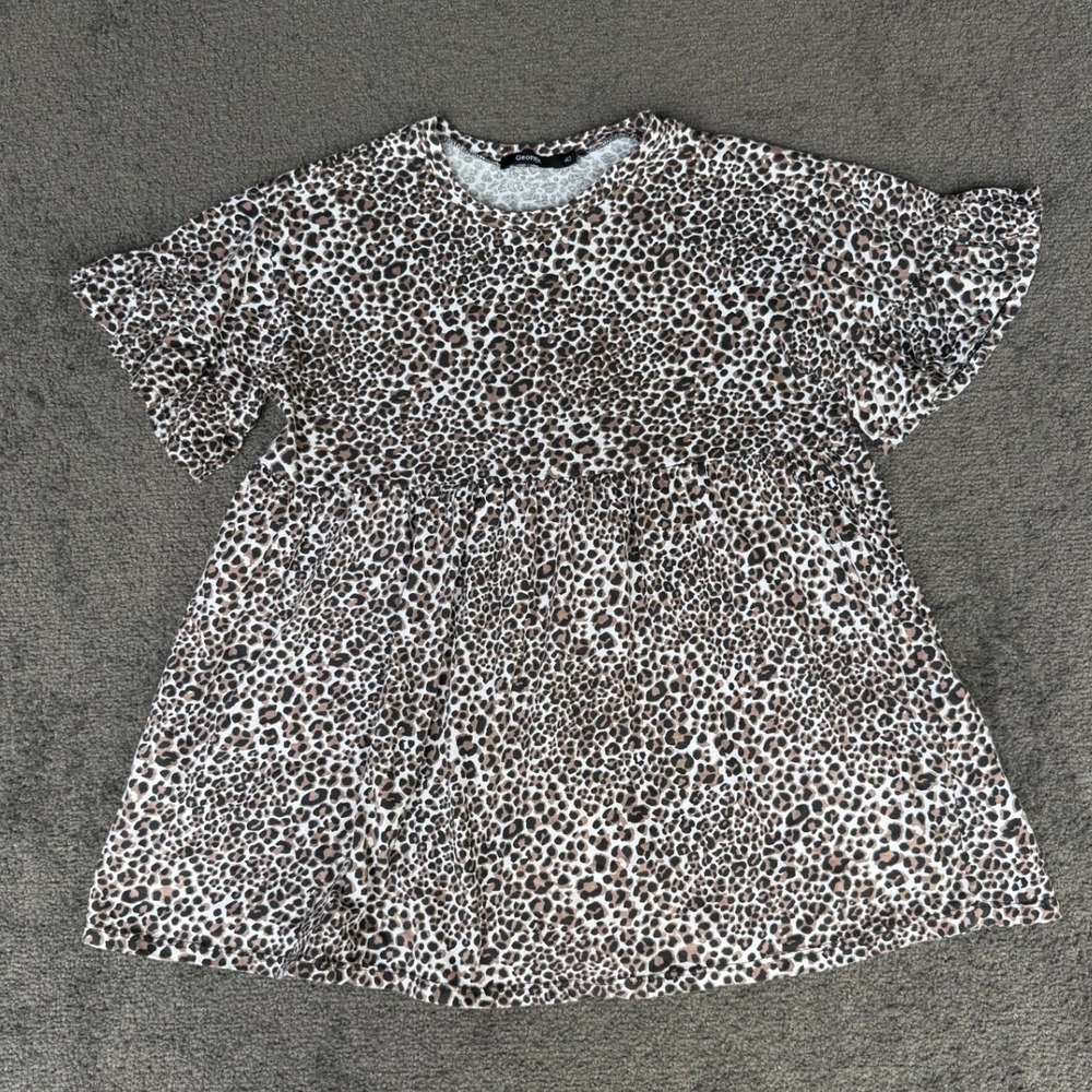 George Womens Leopard Print Babydoll Top Flutter‎ Sleeve Brown Black Size 40